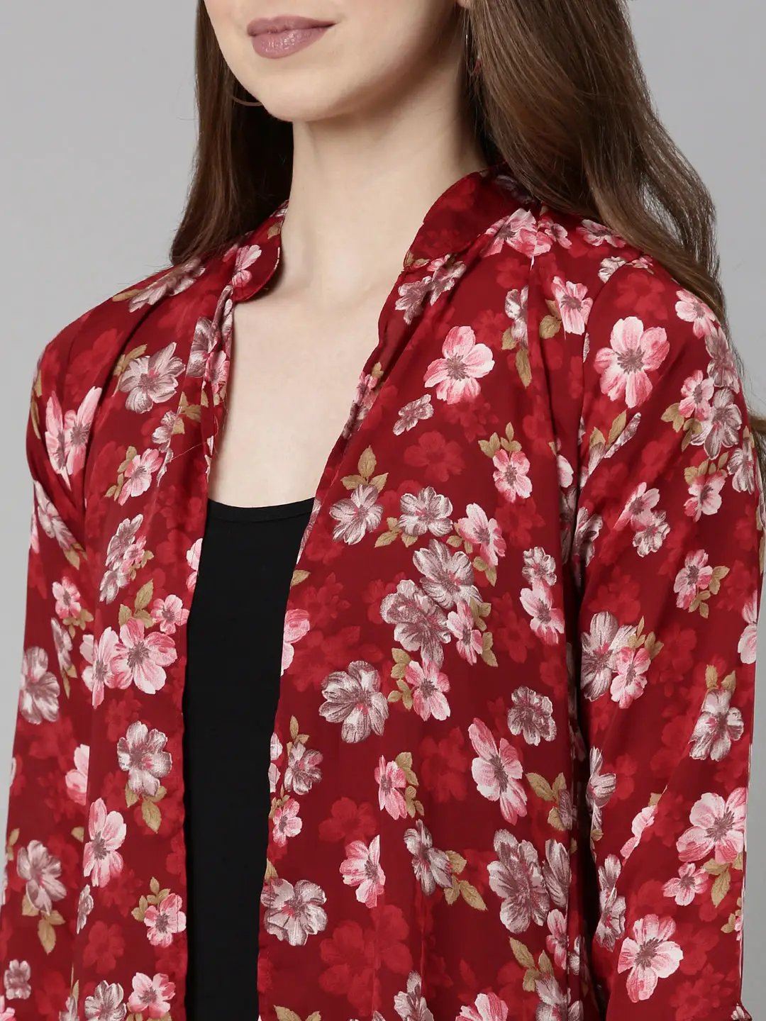 Women's Maroon Printed Longline Shrug