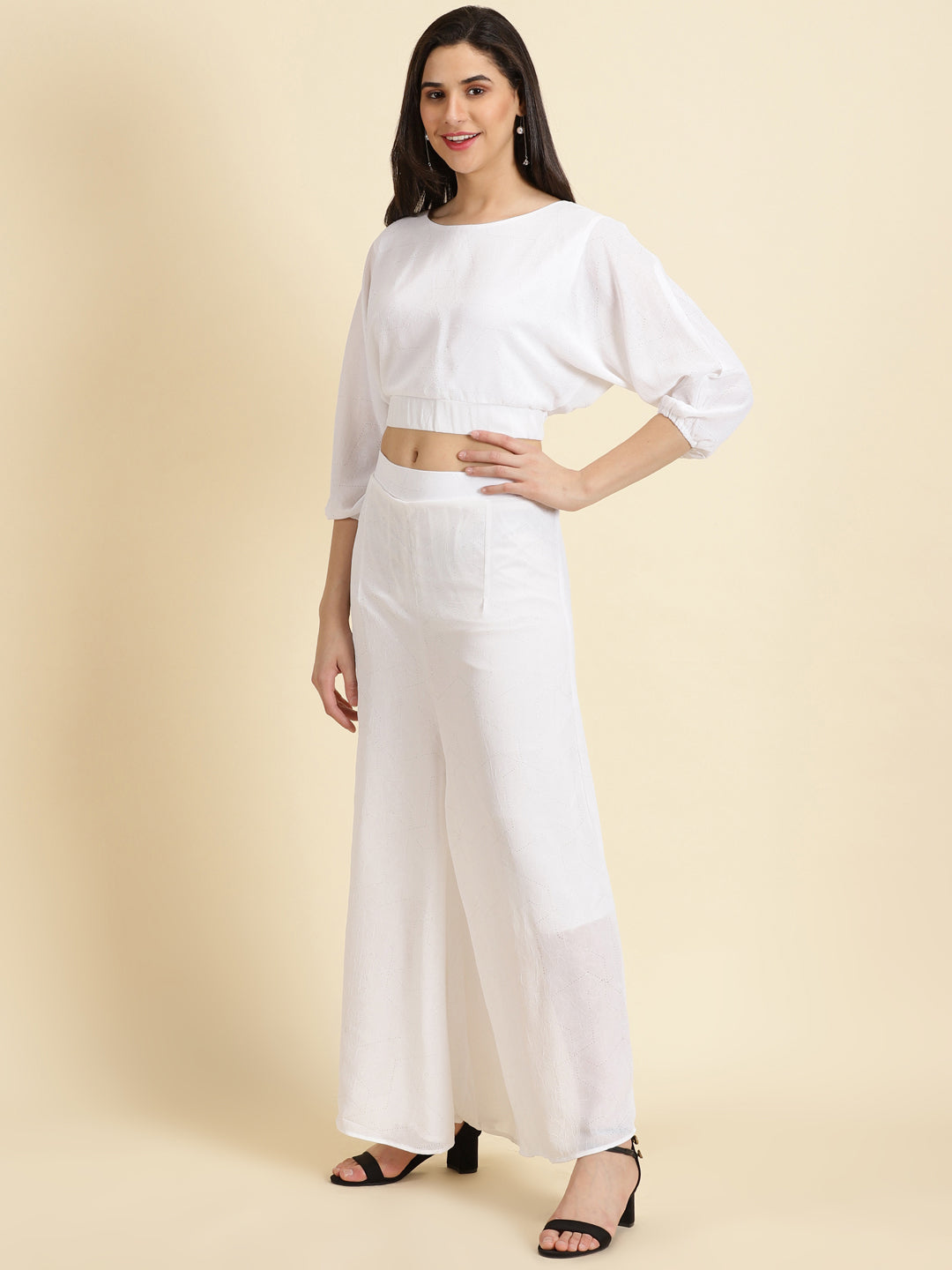 Women's White Round Neck Self Design Top & Palazzos Co-Ords