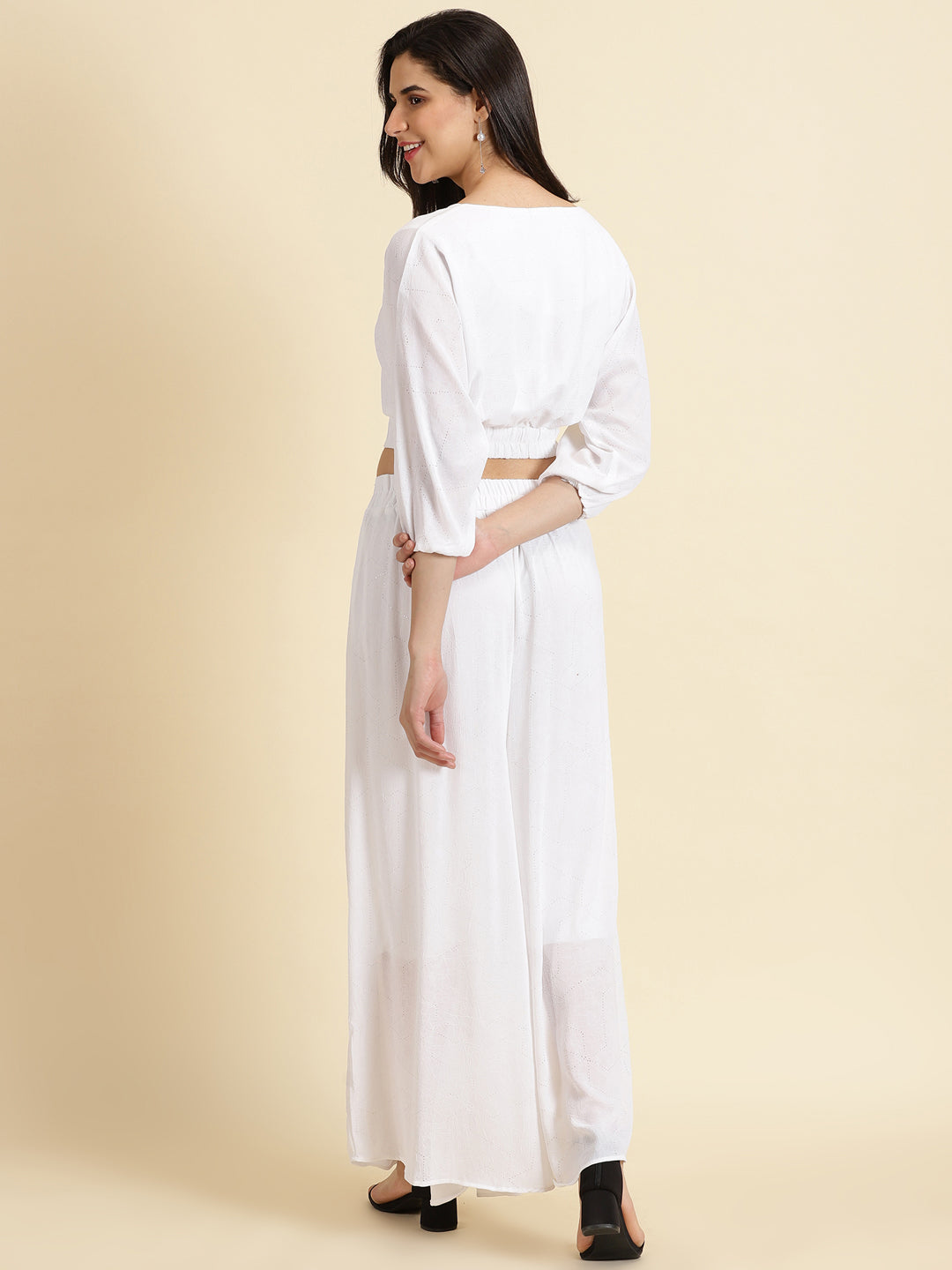 Women's White Round Neck Self Design Top & Palazzos Co-Ords