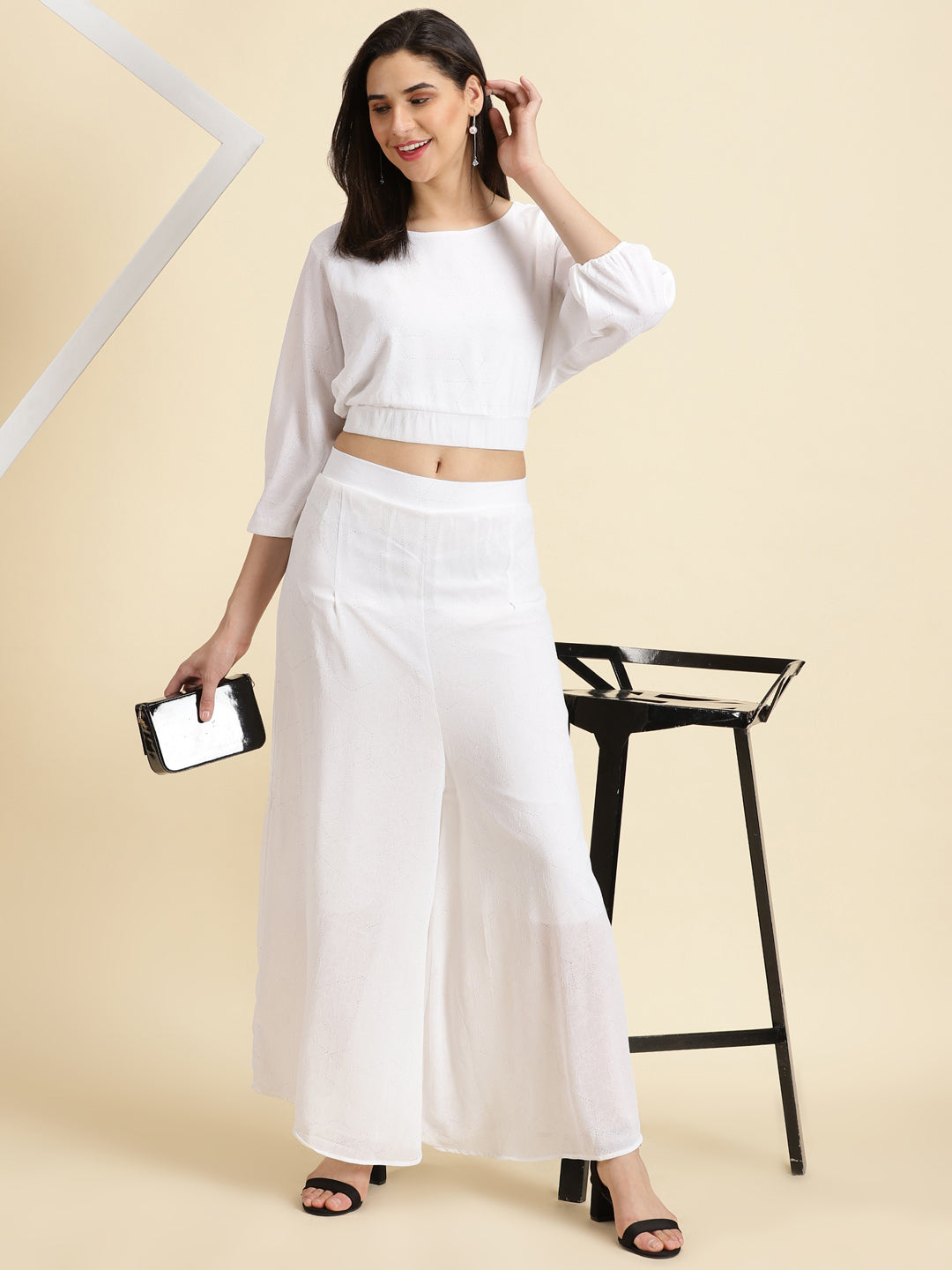 Women's White Round Neck Self Design Top & Palazzos Co-Ords