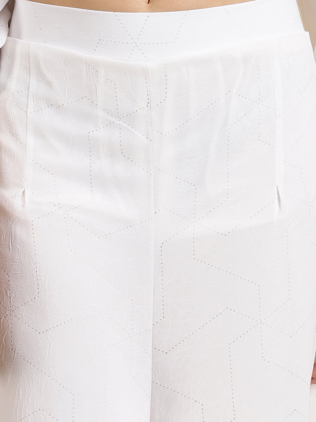 Women's White Round Neck Self Design Top & Palazzos Co-Ords