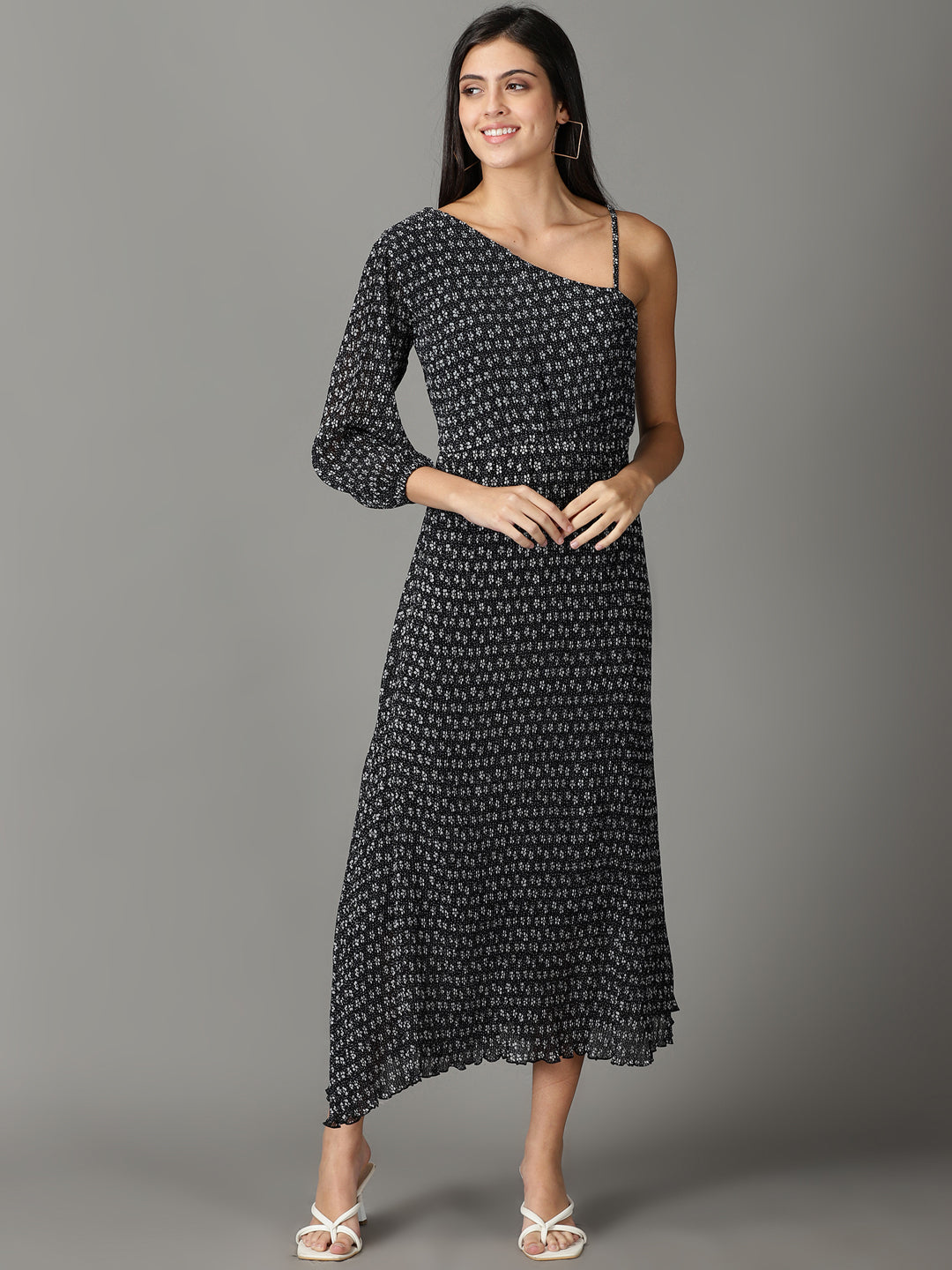 Women's Black Printed A-Line Dress