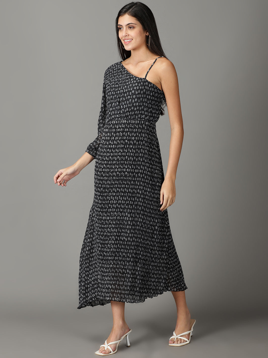 Women's Black Printed A-Line Dress