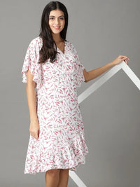 Women's White Floral Crepe A-Line Dress