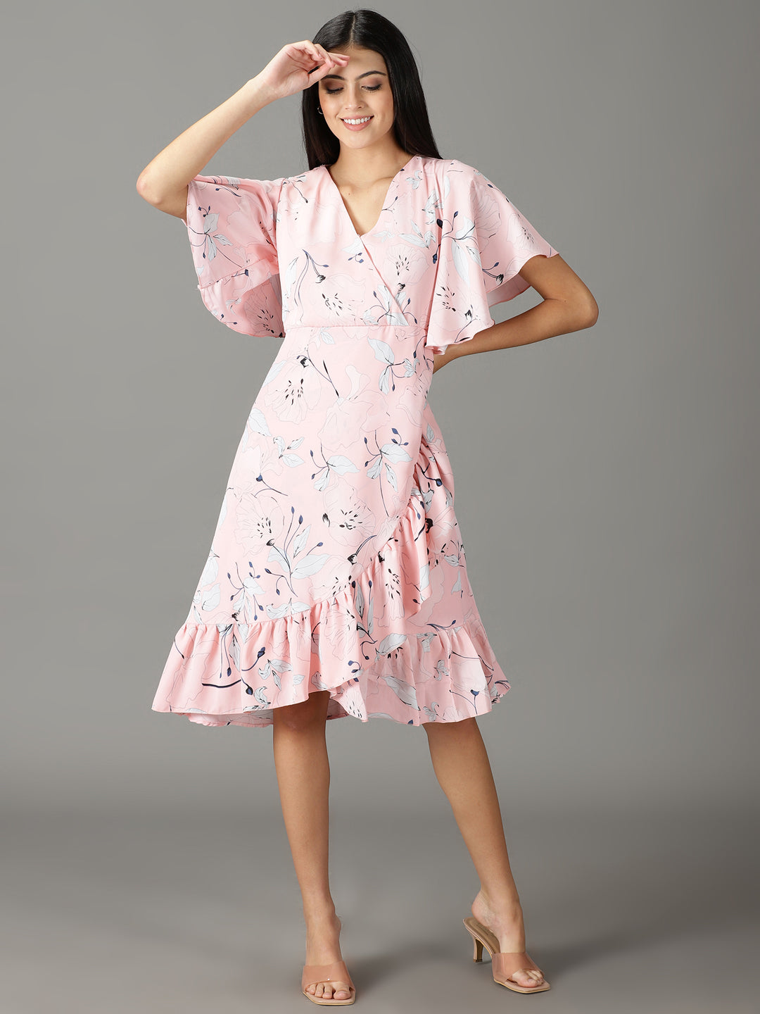 Women's Peach Printed Wrap Dress