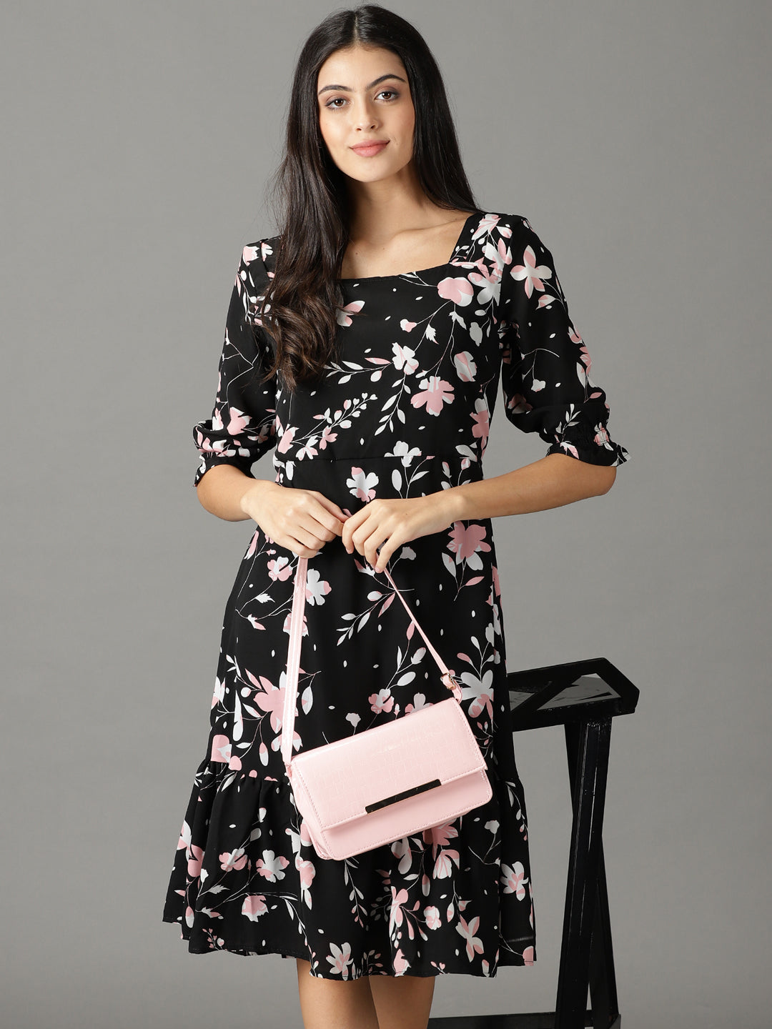 Women's Black Printed Fit and Flare Dress