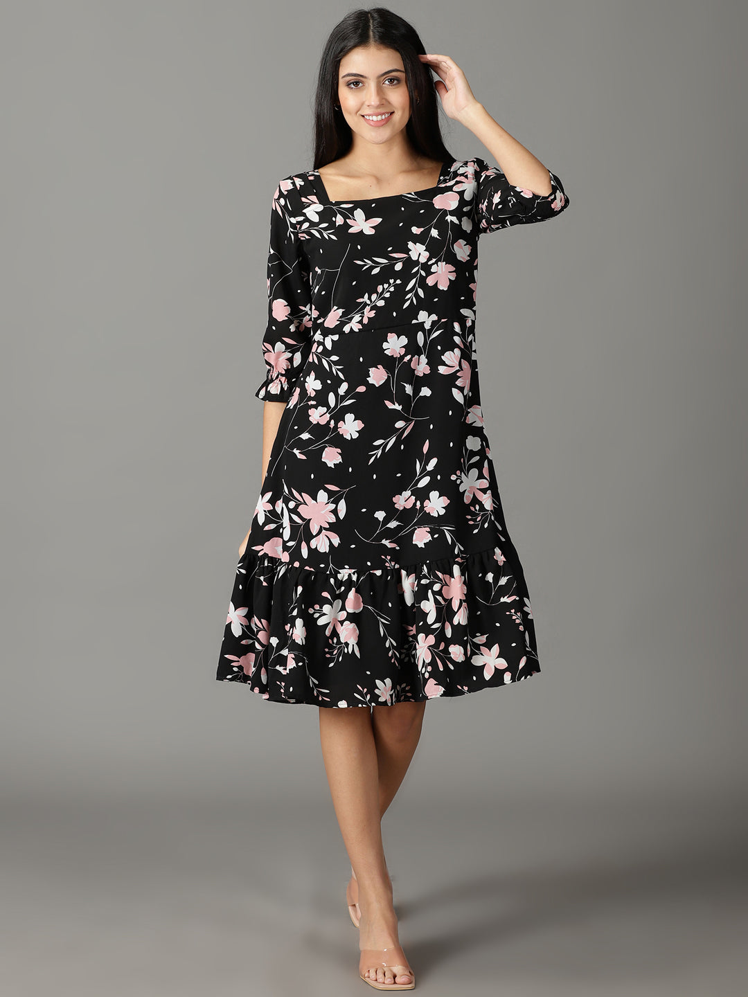 Women's Black Printed Fit and Flare Dress