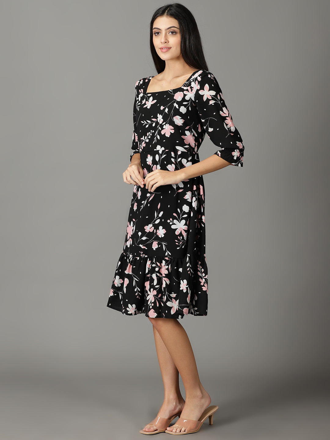 Women's Black Printed Fit and Flare Dress