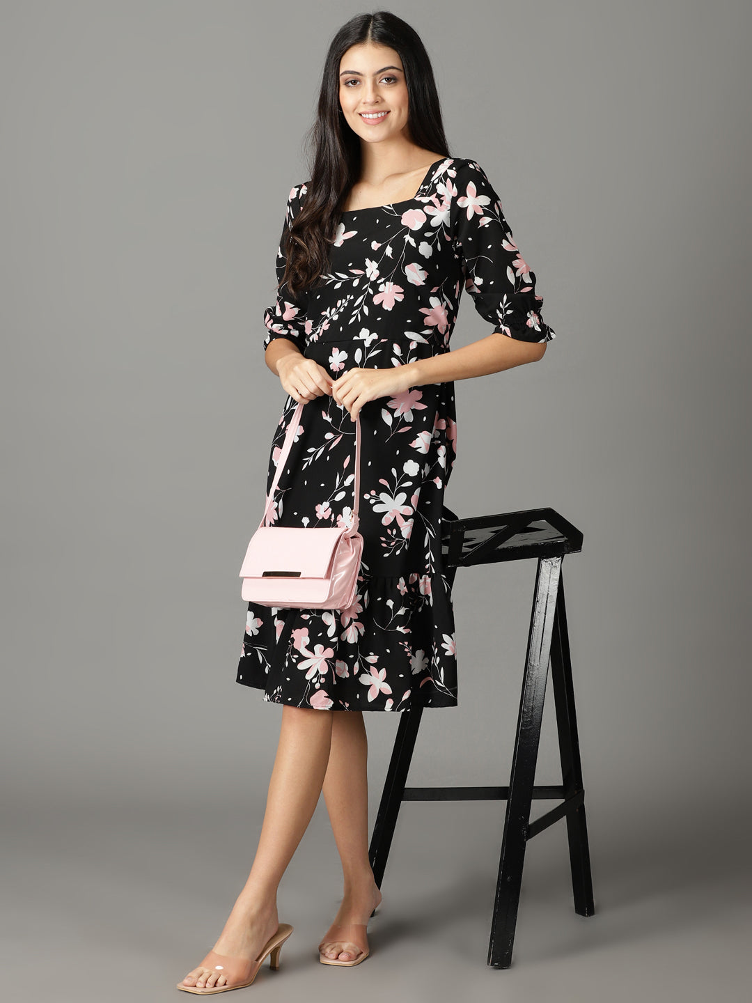 Women's Black Printed Fit and Flare Dress