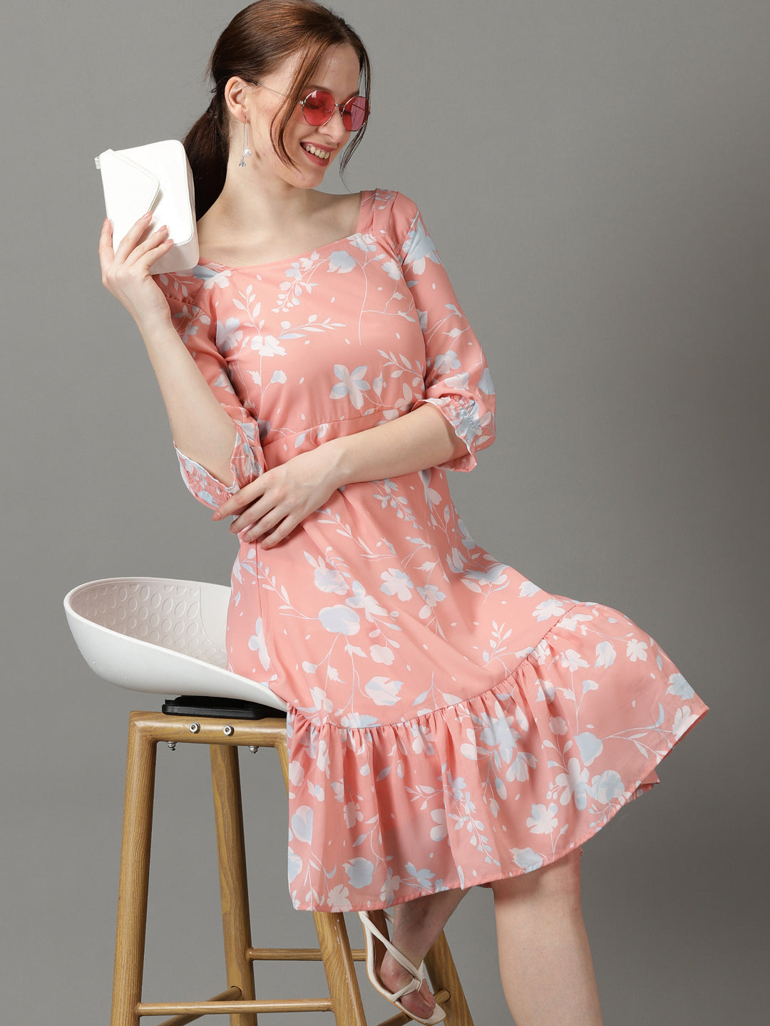 Women's Peach Printed Fit and Flare Dress