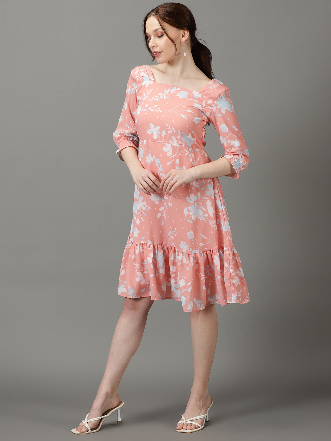 Women's Peach Printed Fit and Flare Dress