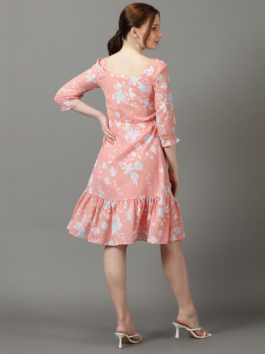 Women's Peach Printed Fit and Flare Dress