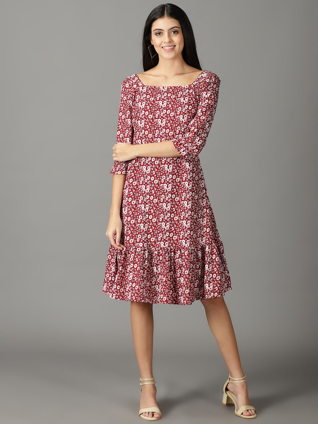 Women's Maroon Printed Fit and Flare Dress