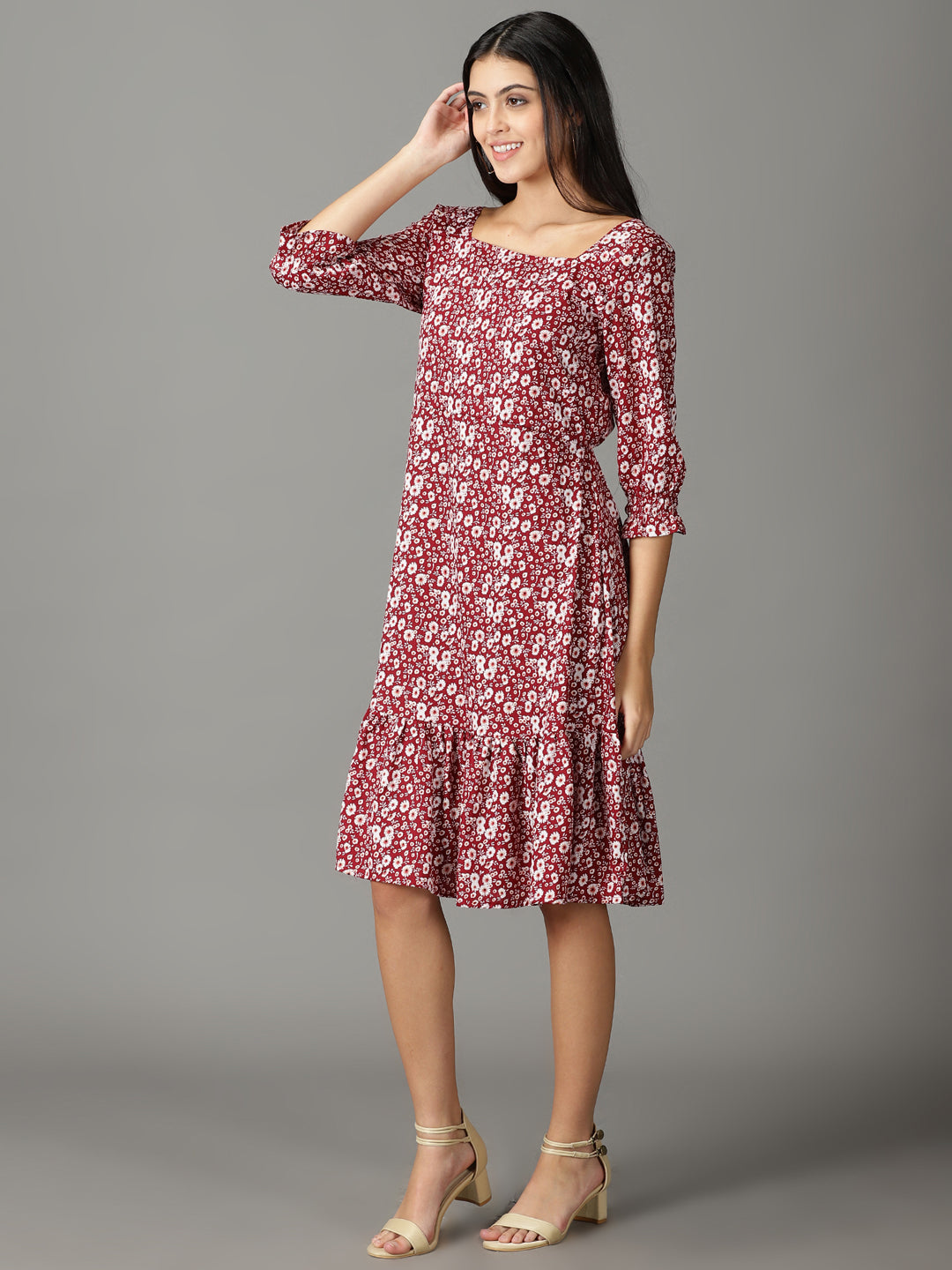 Women's Maroon Printed Fit and Flare Dress