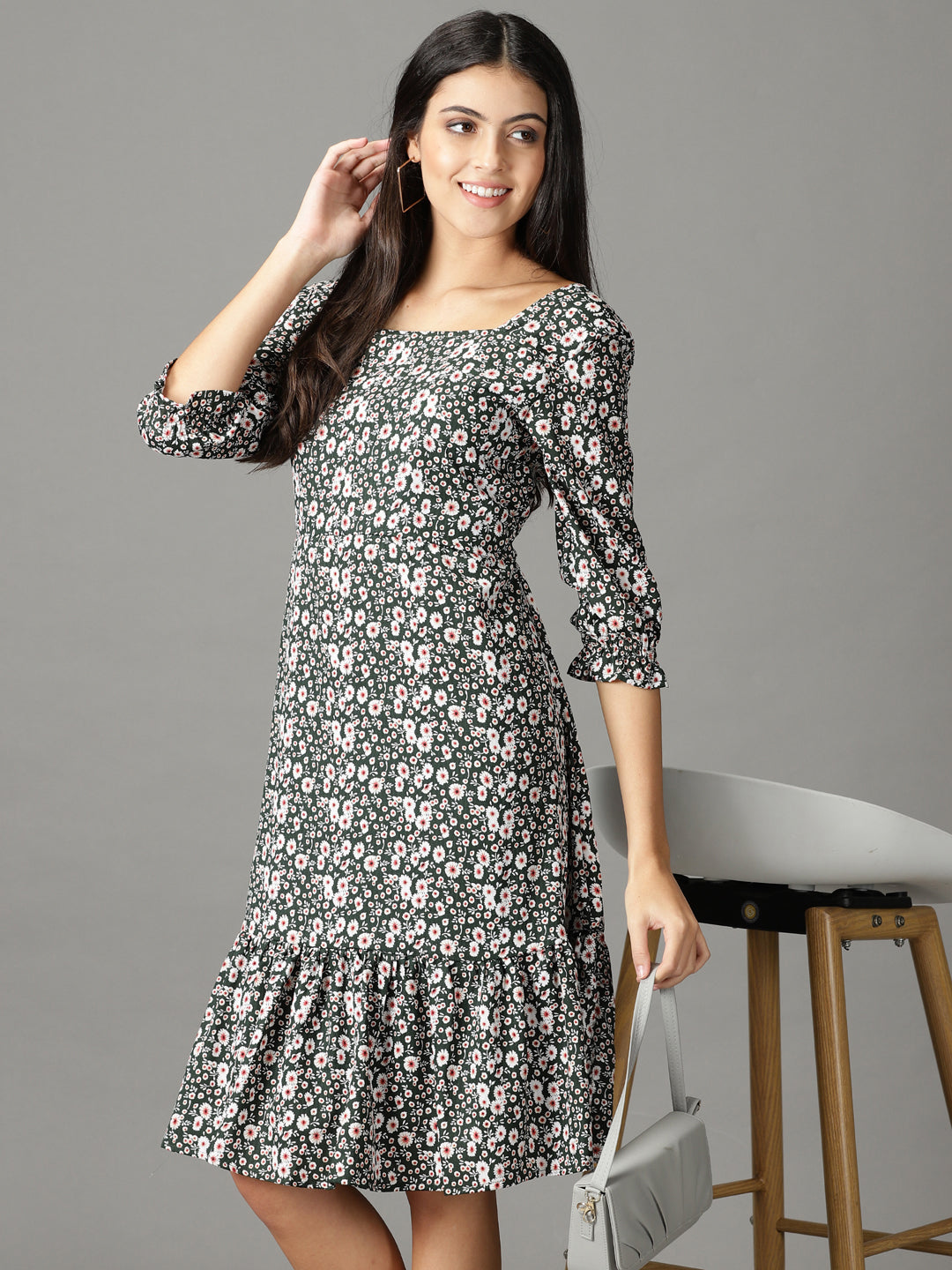 Women's Olive Printed Fit and Flare Dress