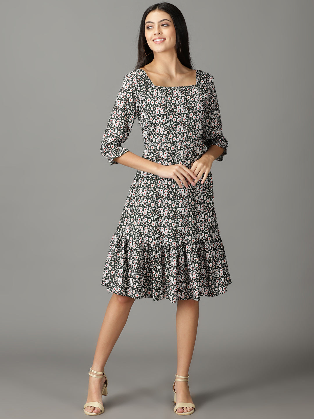 Women's Olive Printed Fit and Flare Dress