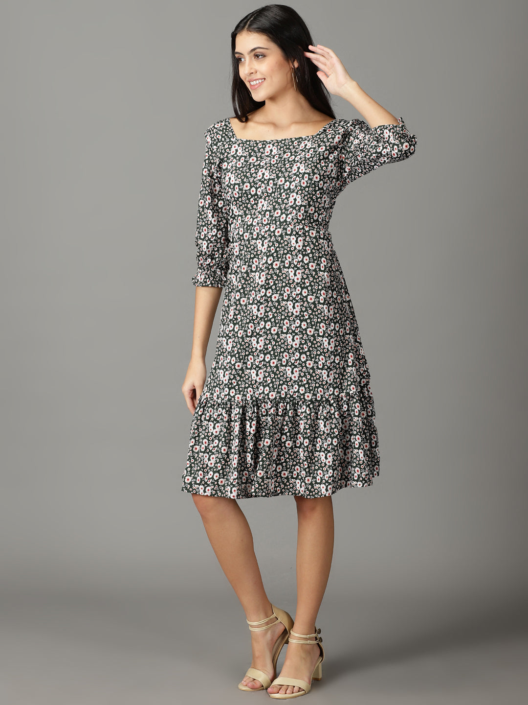 Women's Olive Printed Fit and Flare Dress