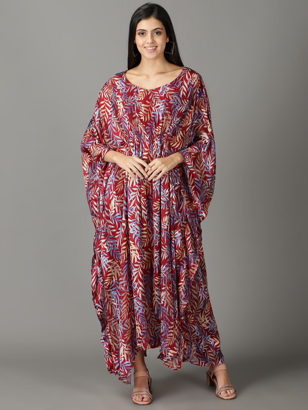 Women's Maroon Printed Kaftan Dress