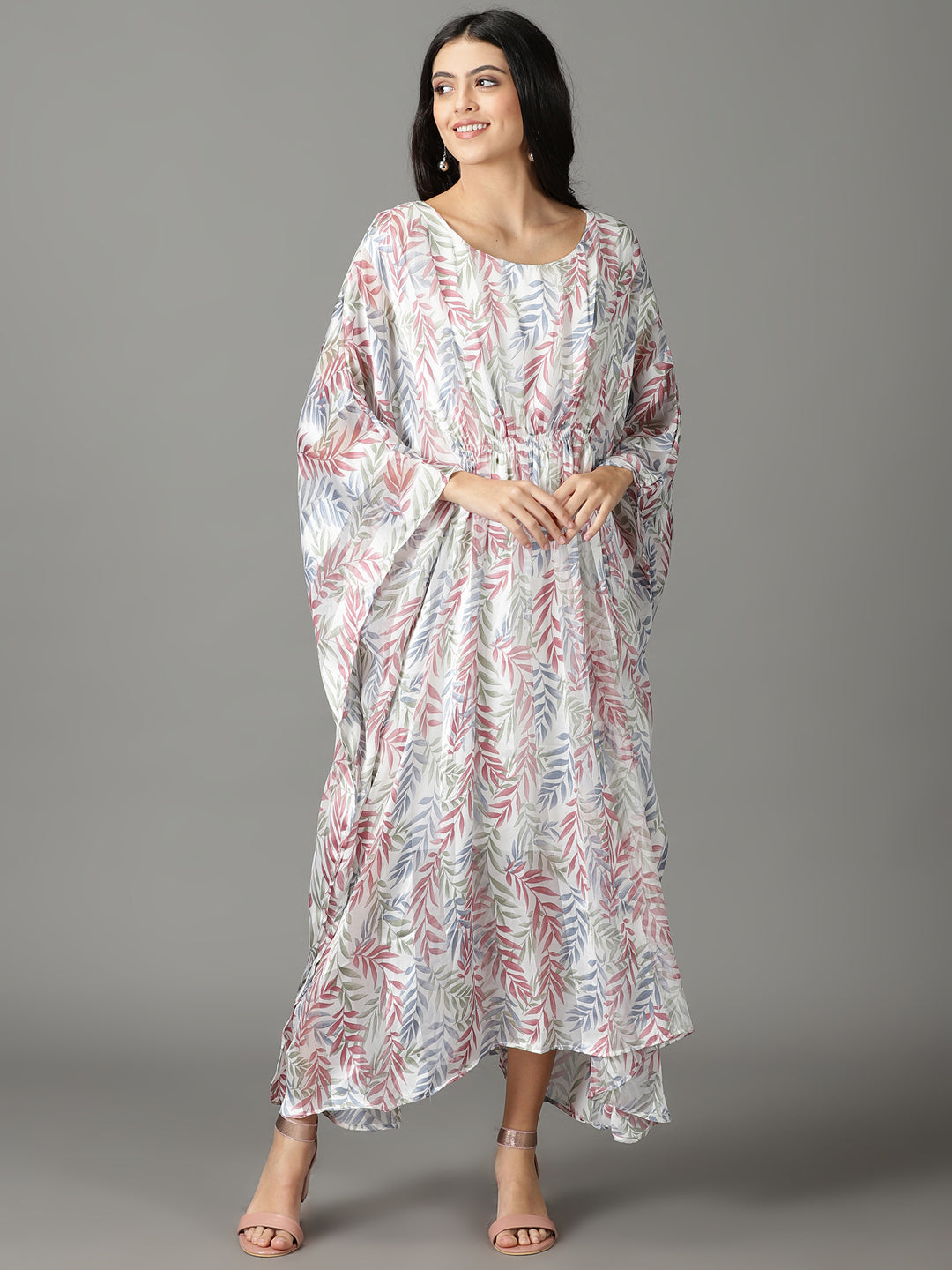 Women's White Printed Kaftan Dress