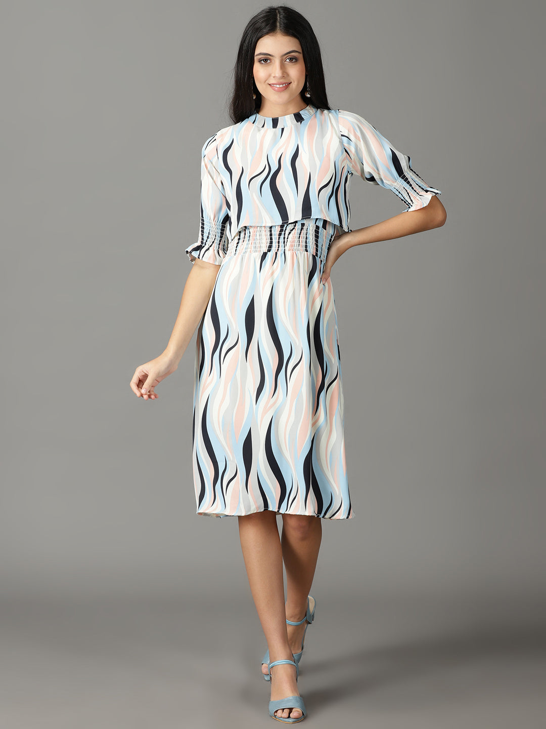 Women's Off White Printed Fit and Flare Dress