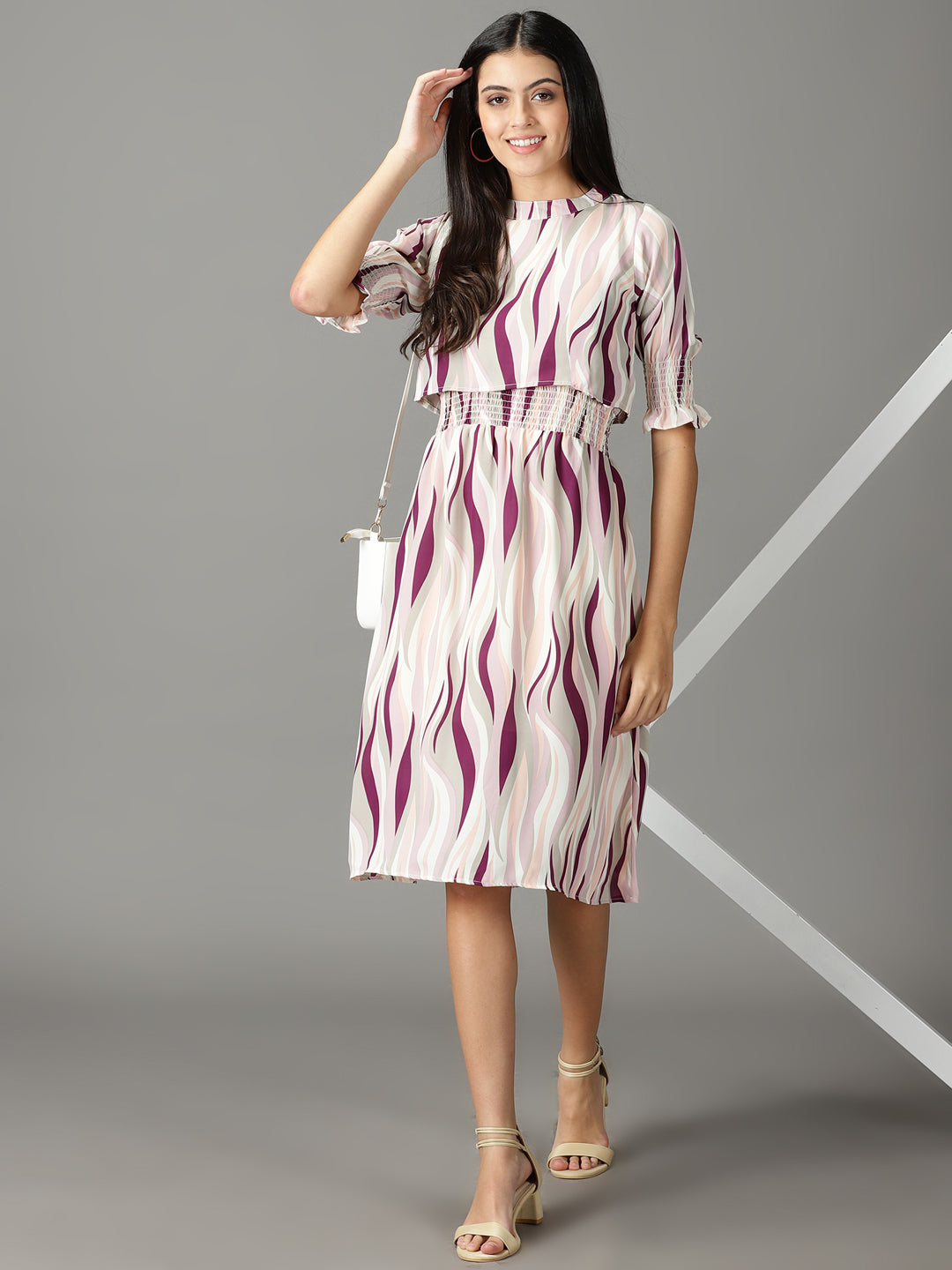 Women's Off White Printed Fit and Flare Dress