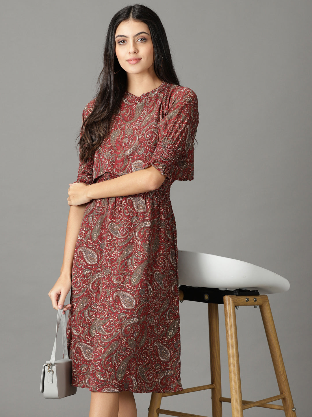 Women's Maroon Printed Fit and Flare Dress