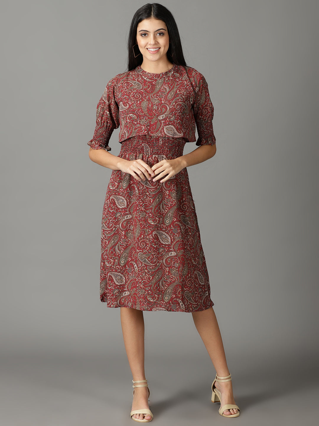 Women's Maroon Printed Fit and Flare Dress