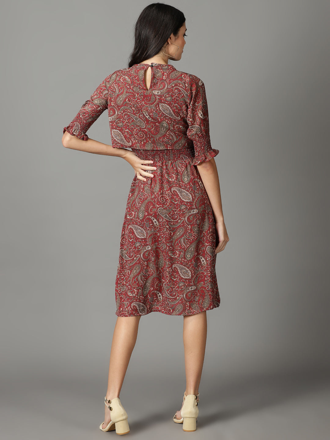 Women's Maroon Printed Fit and Flare Dress