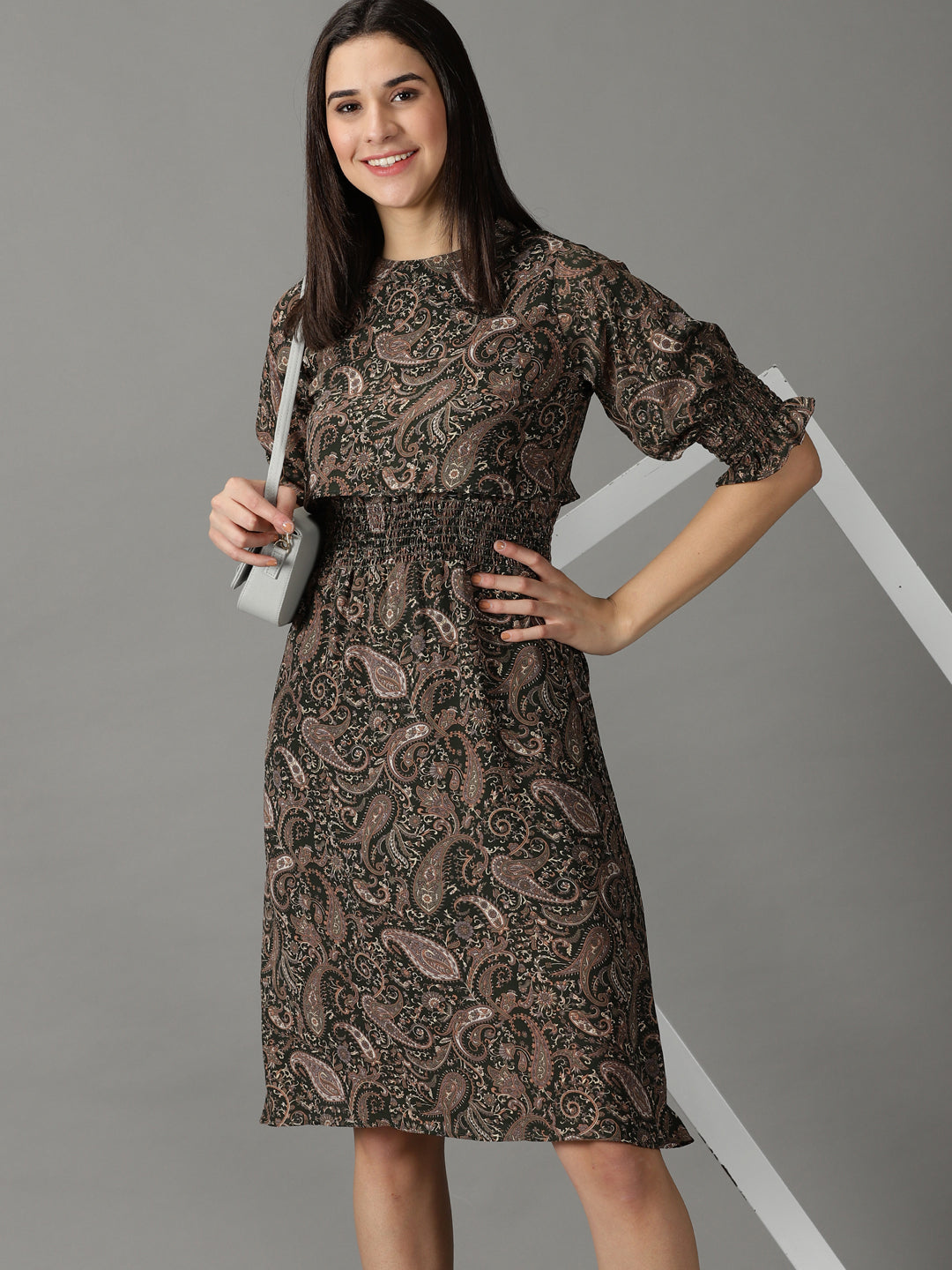 Women's Olive Printed Fit and Flare Dress