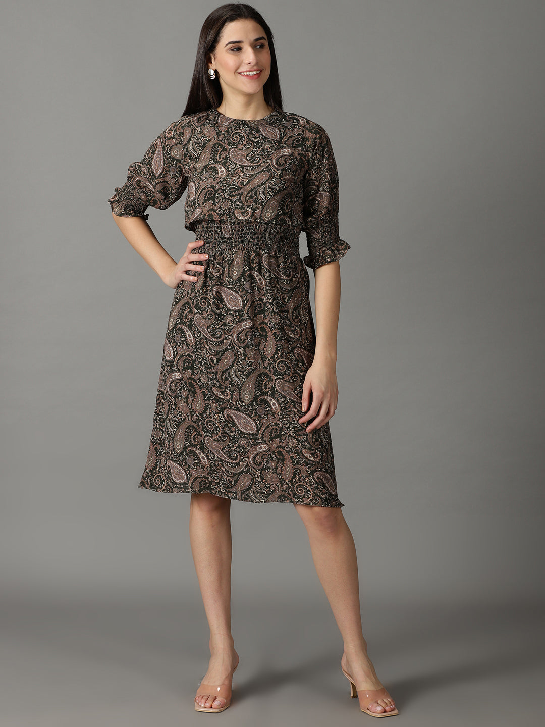 Women's Olive Printed Fit and Flare Dress