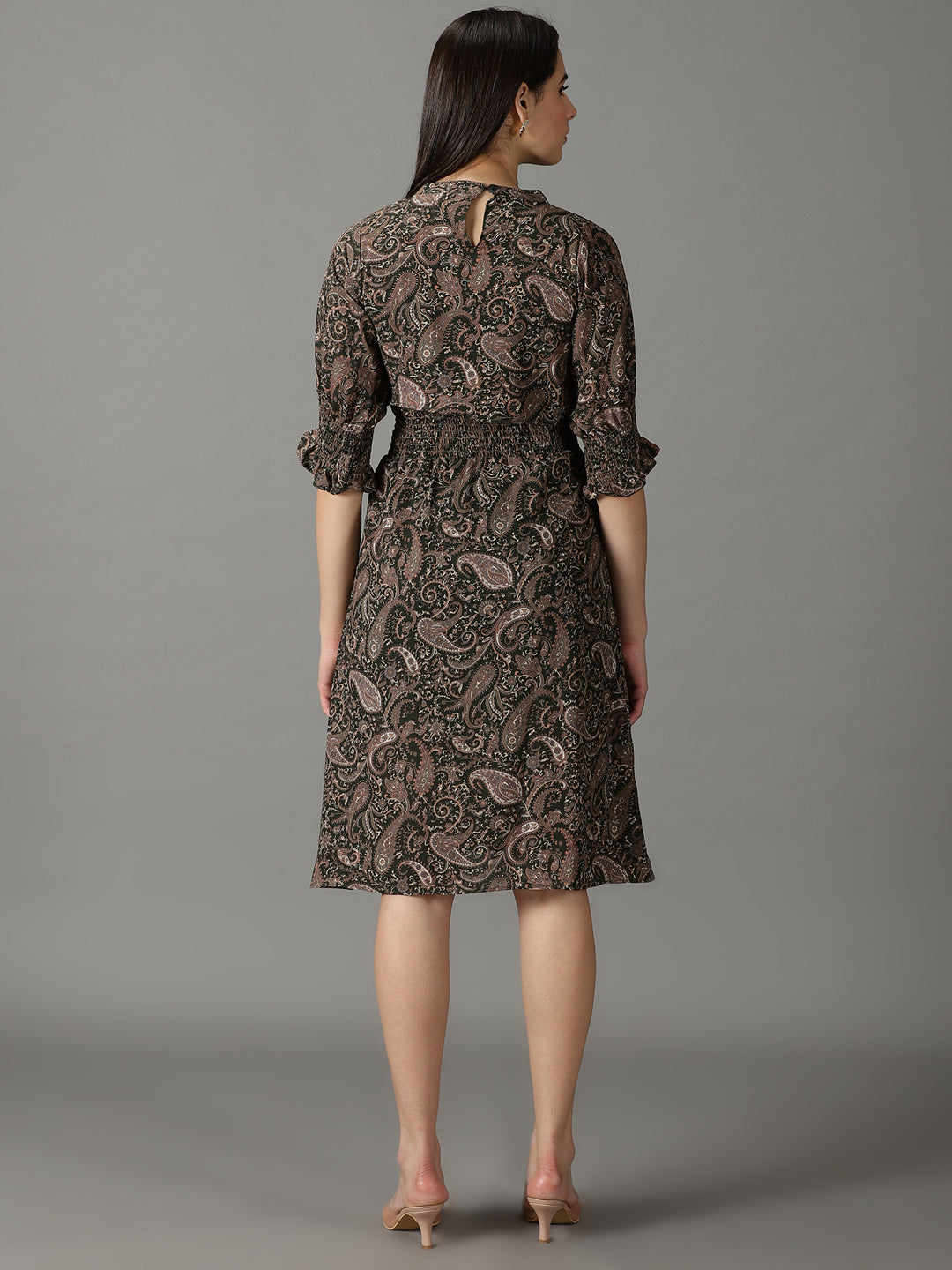 Women's Olive Printed Fit and Flare Dress