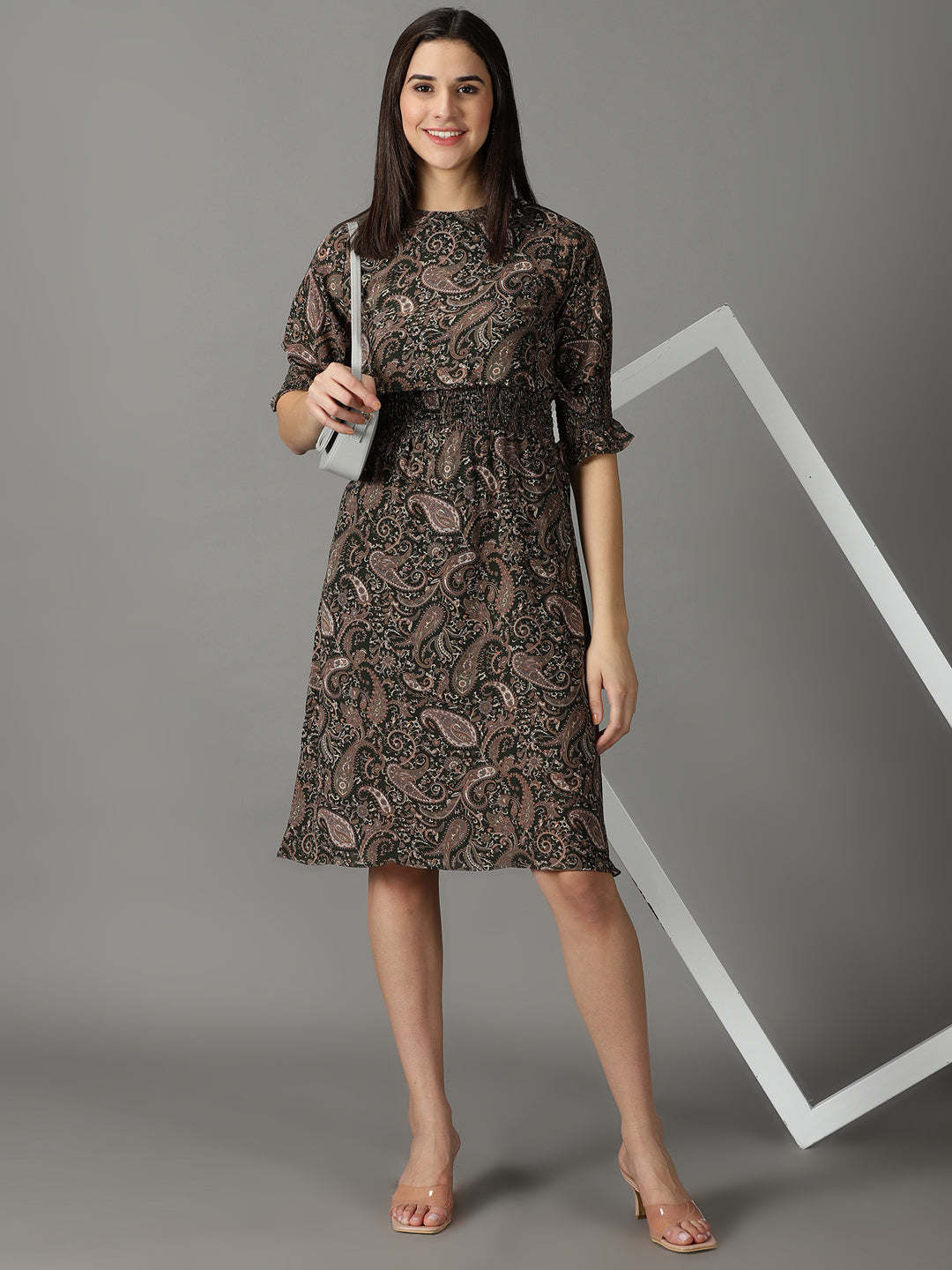 Women's Olive Printed Fit and Flare Dress