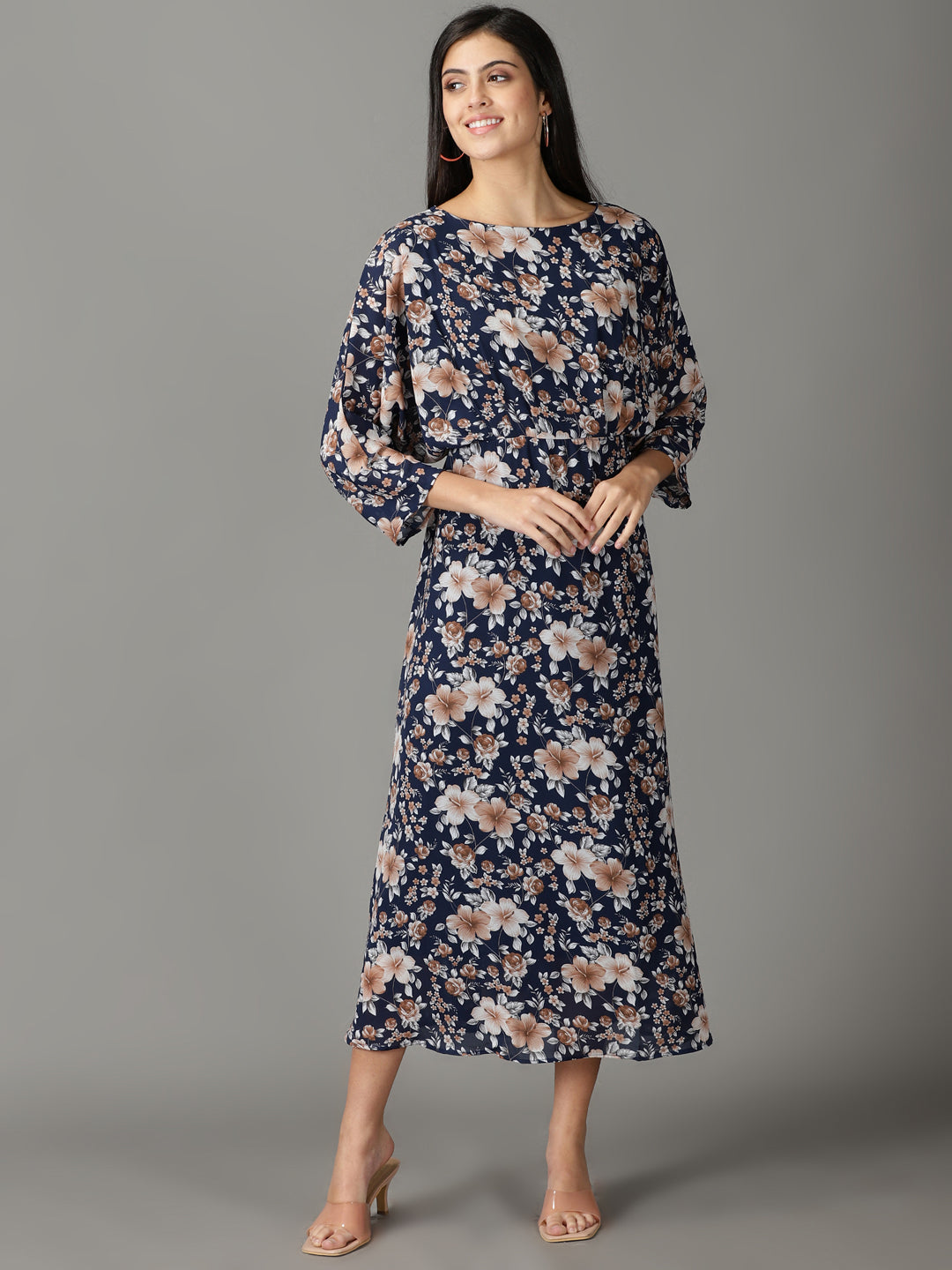 Women's Navy Blue Printed A-Line Dress