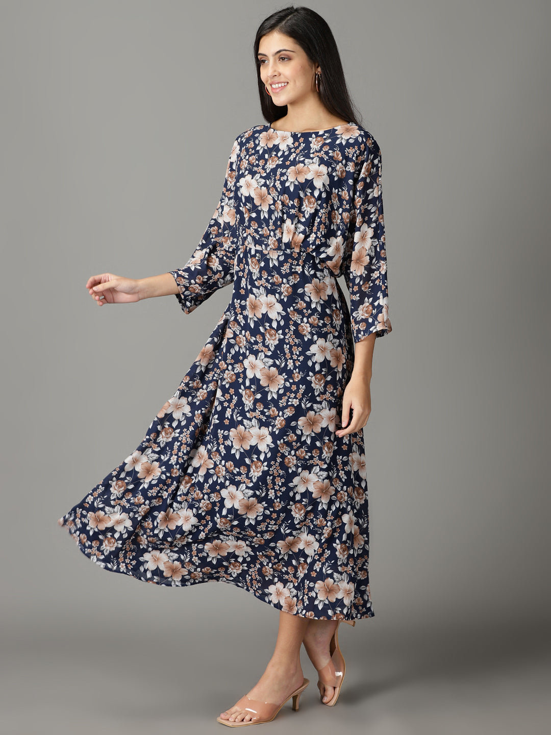 Women's Navy Blue Printed A-Line Dress