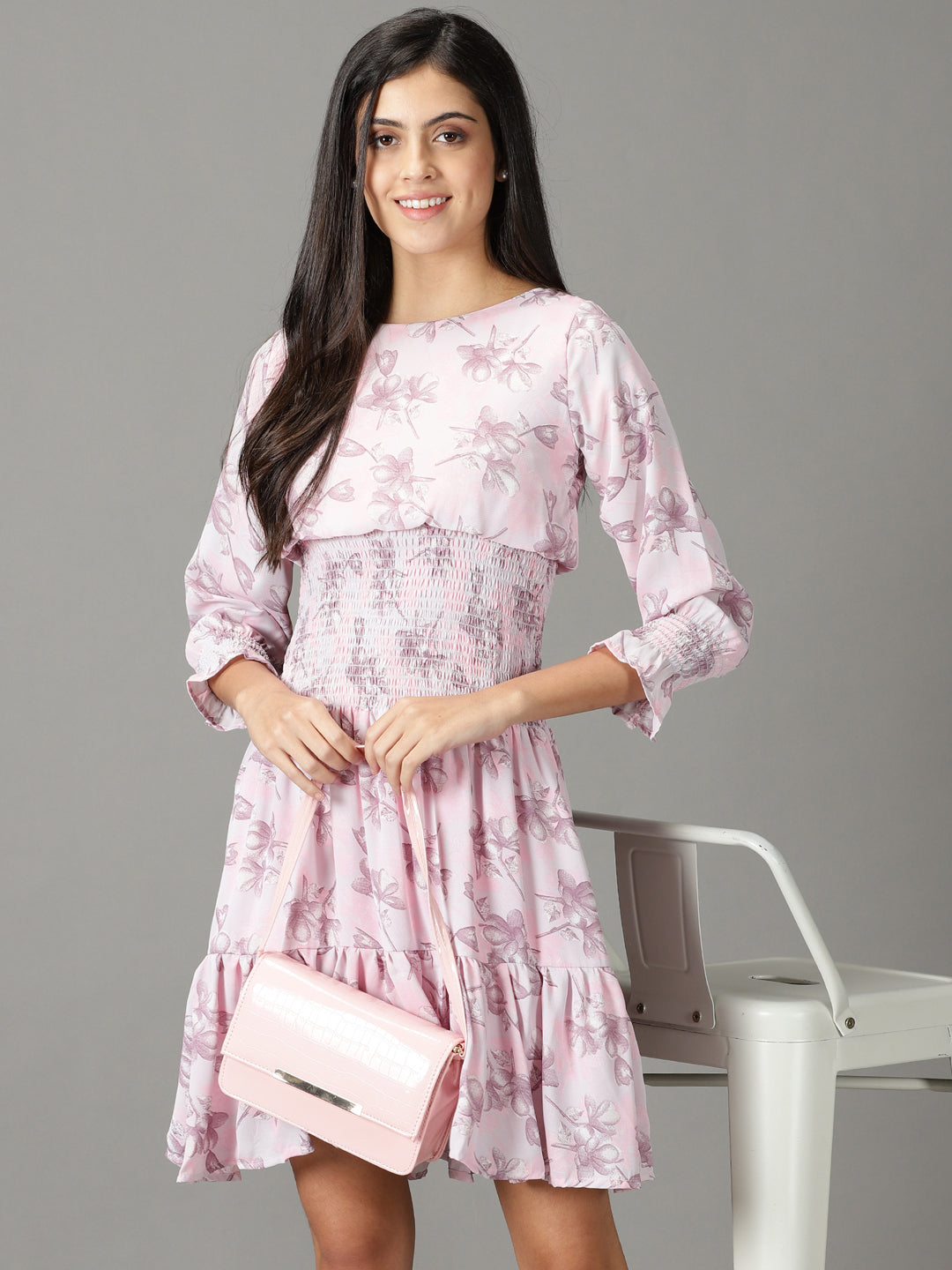 Women's Pink Printed Fit and Flare Dress