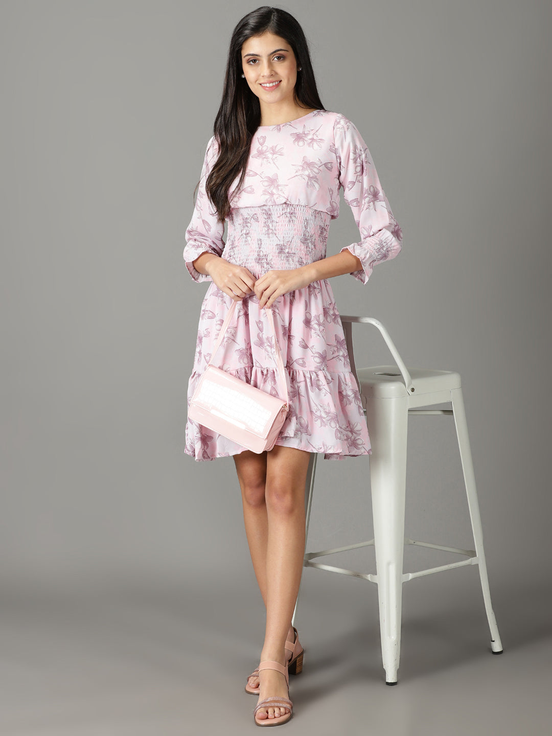 Women's Pink Printed Fit and Flare Dress