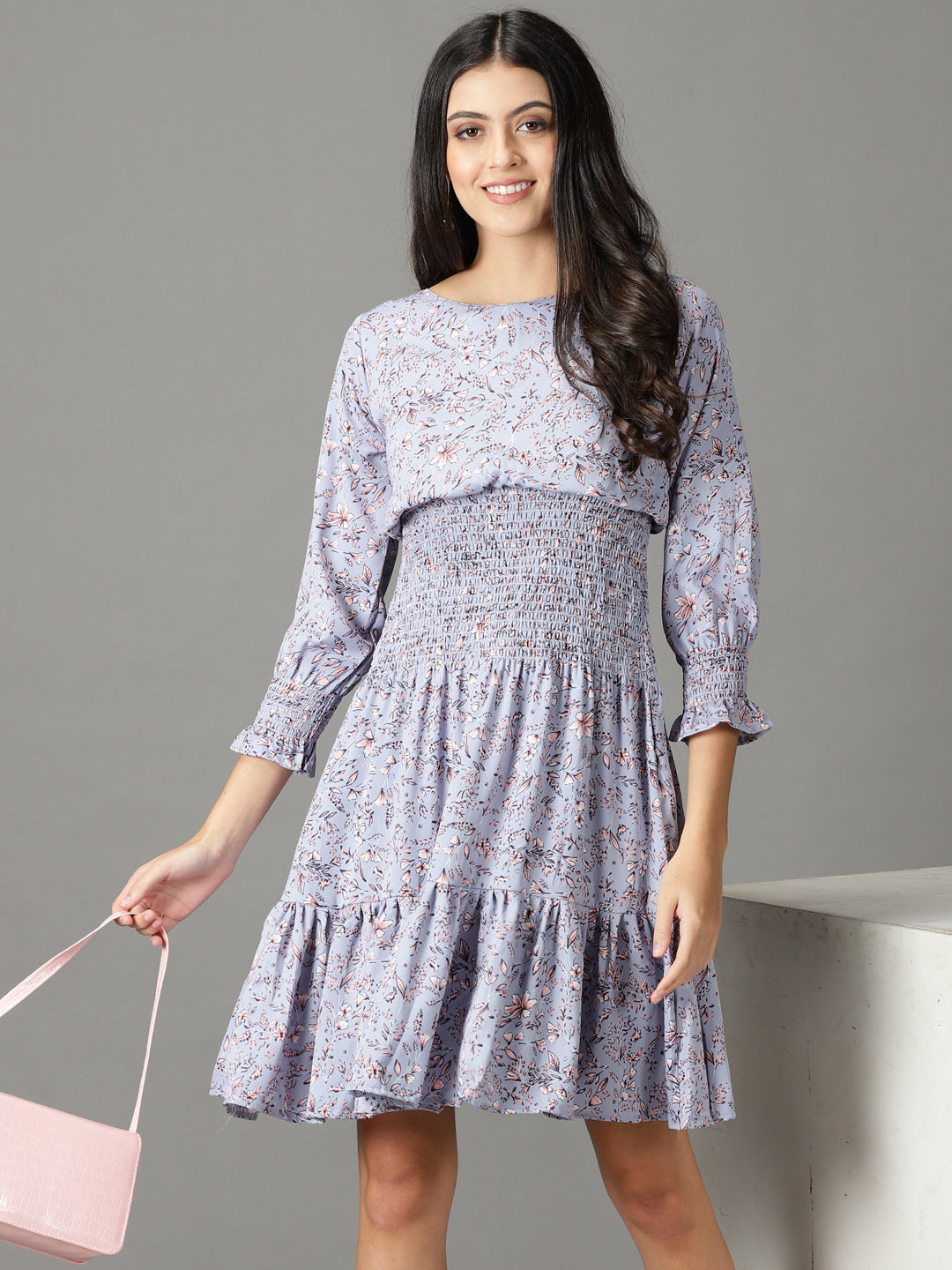 Women's Blue Printed Fit and Flare Dress