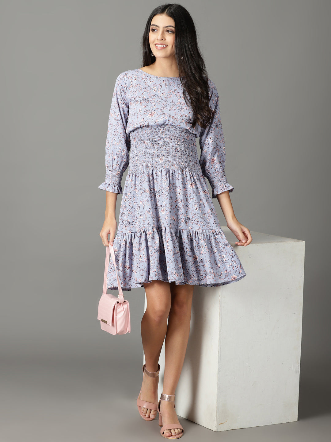 Women's Blue Printed Fit and Flare Dress