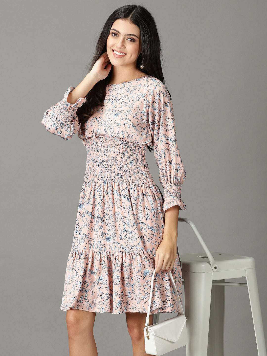 Women's Peach Printed Fit and Flare Dress