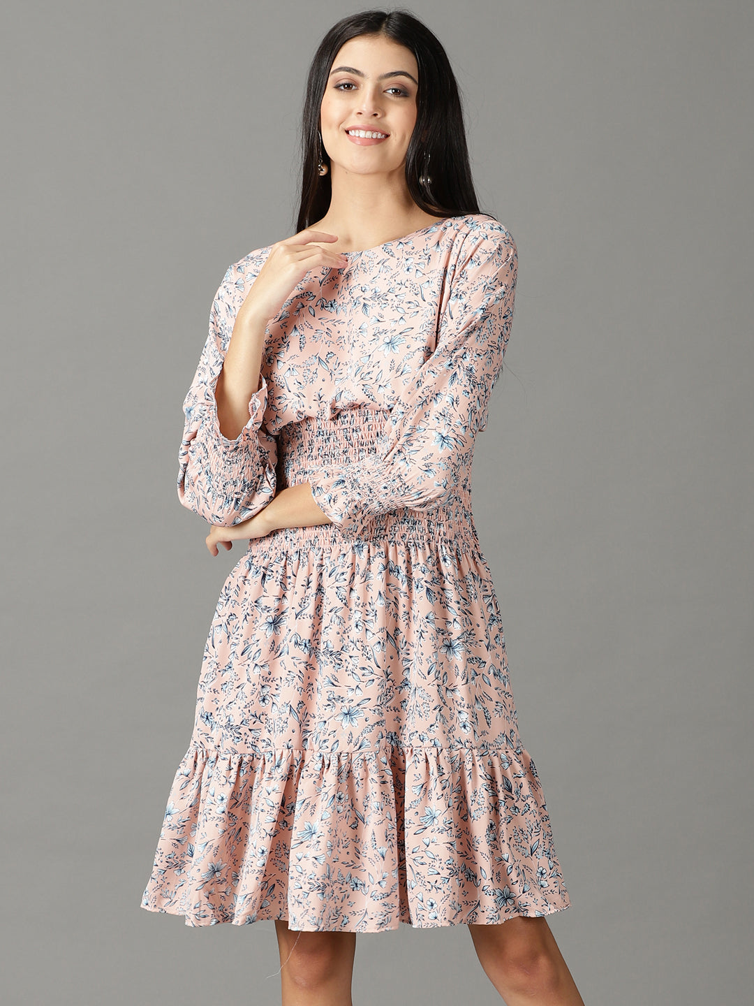 Women's Peach Printed Fit and Flare Dress