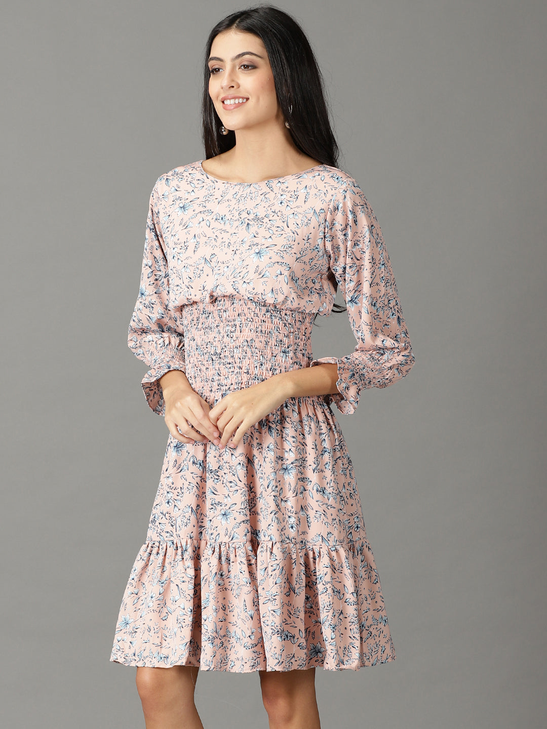 Women's Peach Printed Fit and Flare Dress