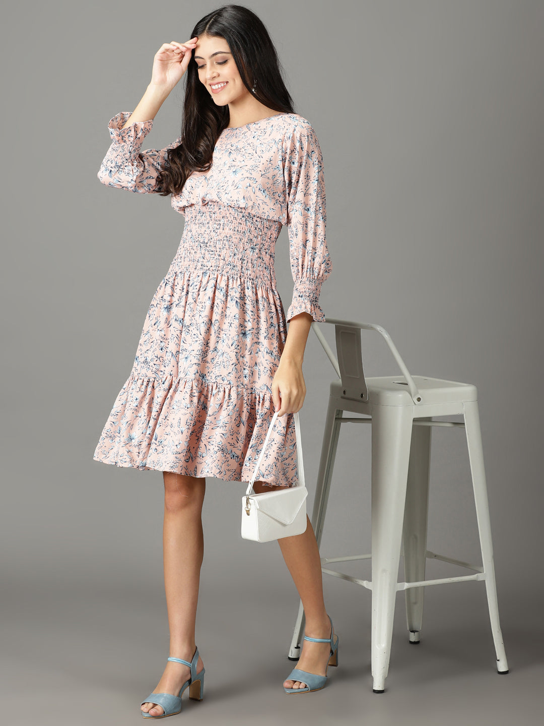 Women's Peach Printed Fit and Flare Dress