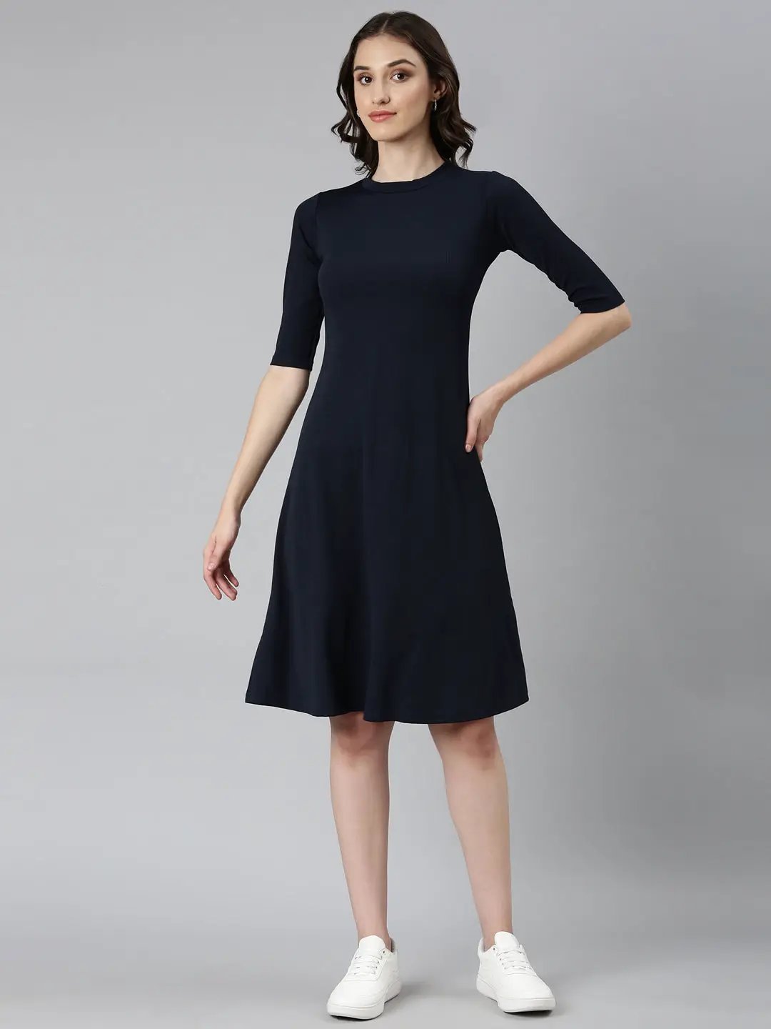Women's Navy Blue Solid A-Line Dress