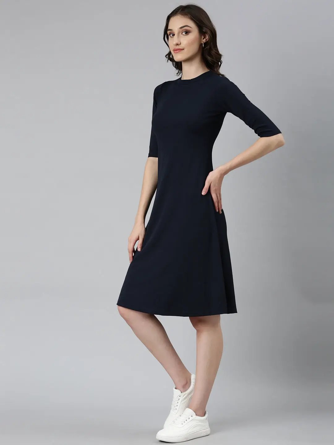 Women's Navy Blue Solid A-Line Dress