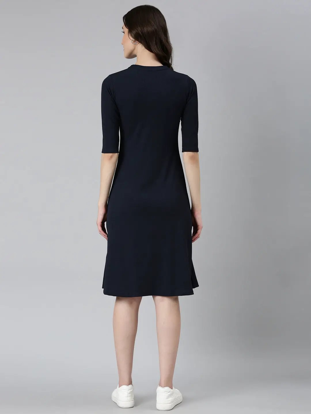 Women's Navy Blue Solid A-Line Dress