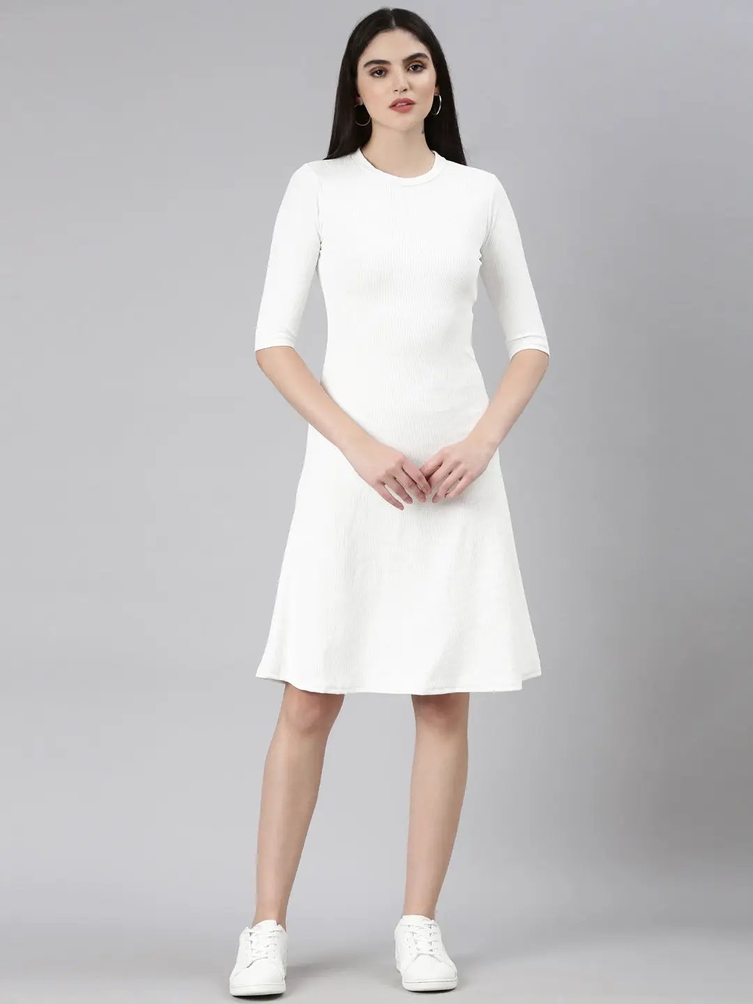 Women's White Solid A-Line Dress