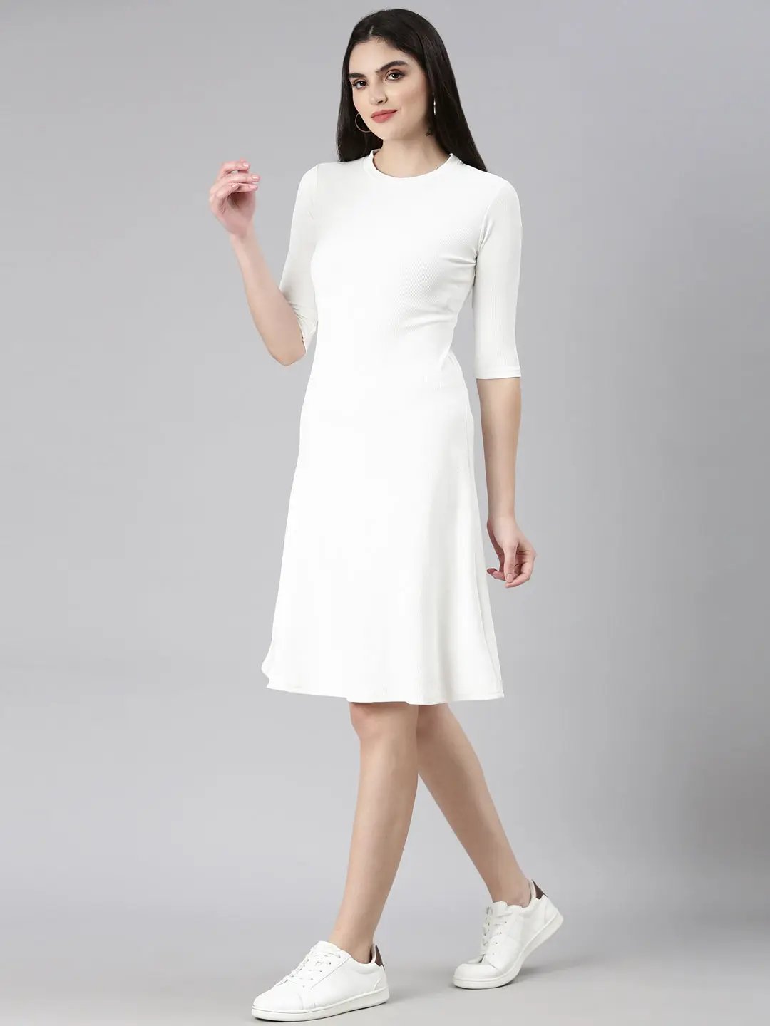 Women's White Solid A-Line Dress