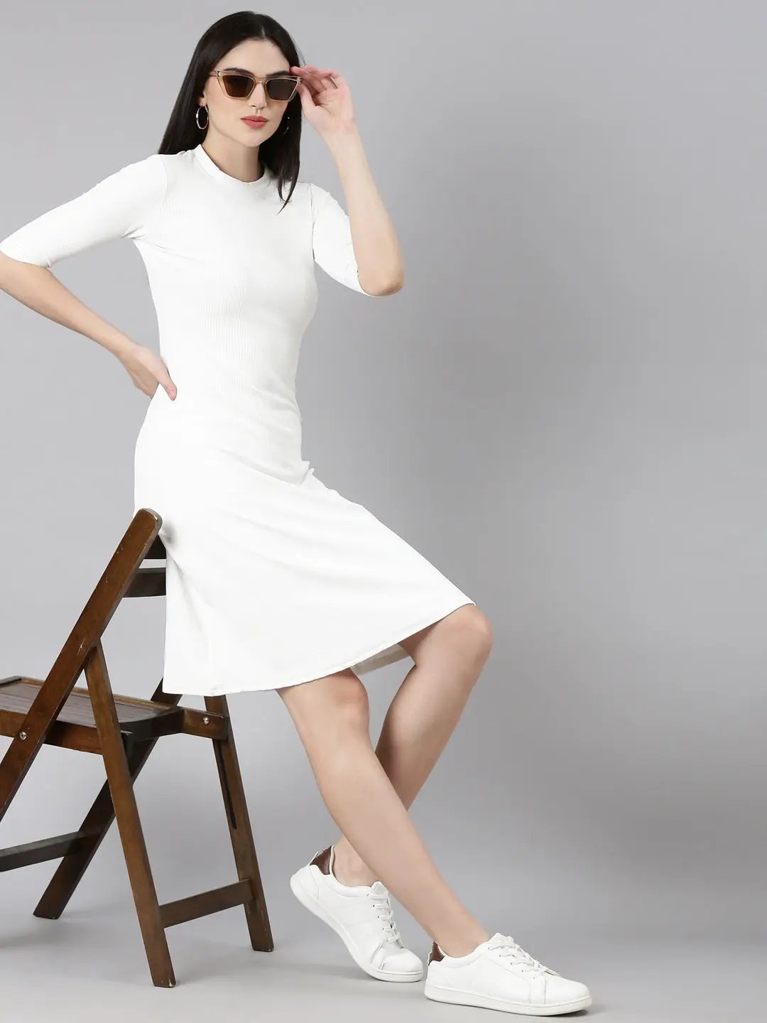 Women's White Solid A-Line Dress