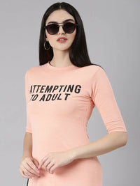 Women's Peach Typography Printed Cotton T-Shirt Dress