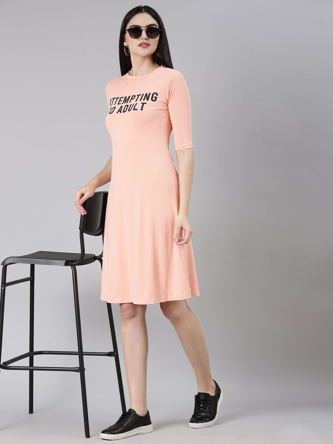 Women Peach Typographic A-Line Dress